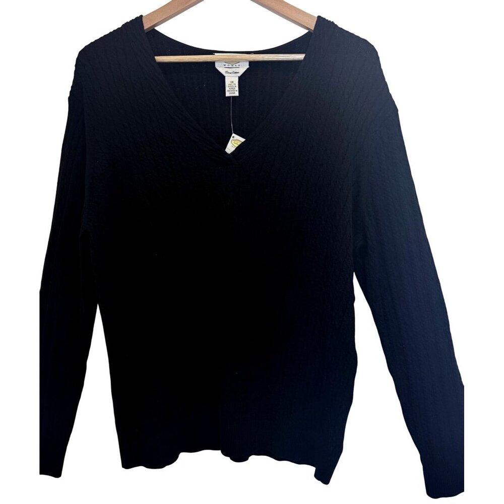 Talbots 1X Black Cable‎ Knit V-Neck Sweater NWT Classic Pima Cotton